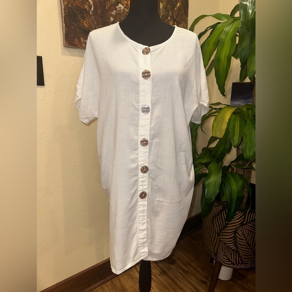 EUC Beach Cabana white minimalist white dress with brown shell button down SzXL